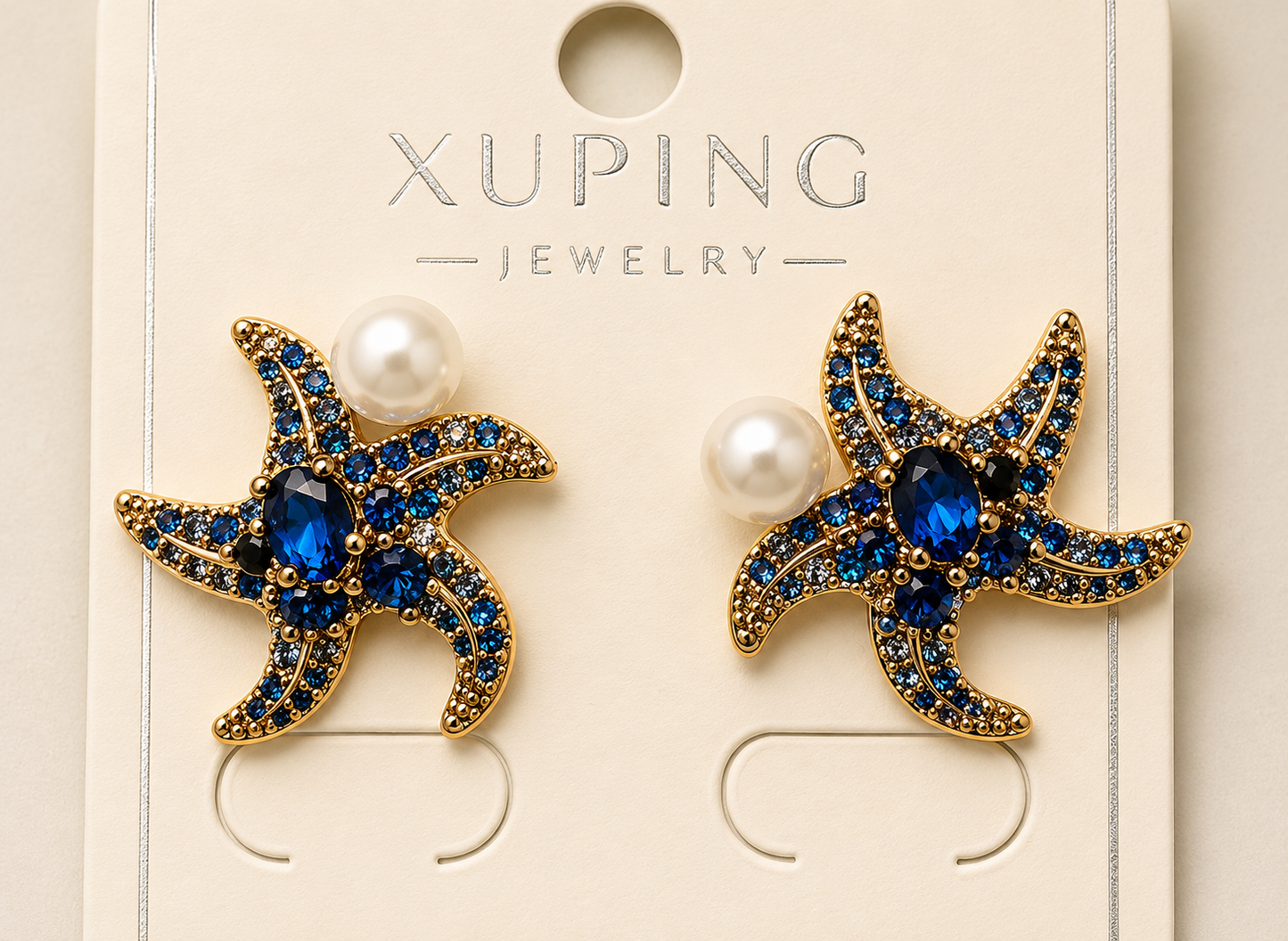 Blue Crystal Starfish Pearl Earrings