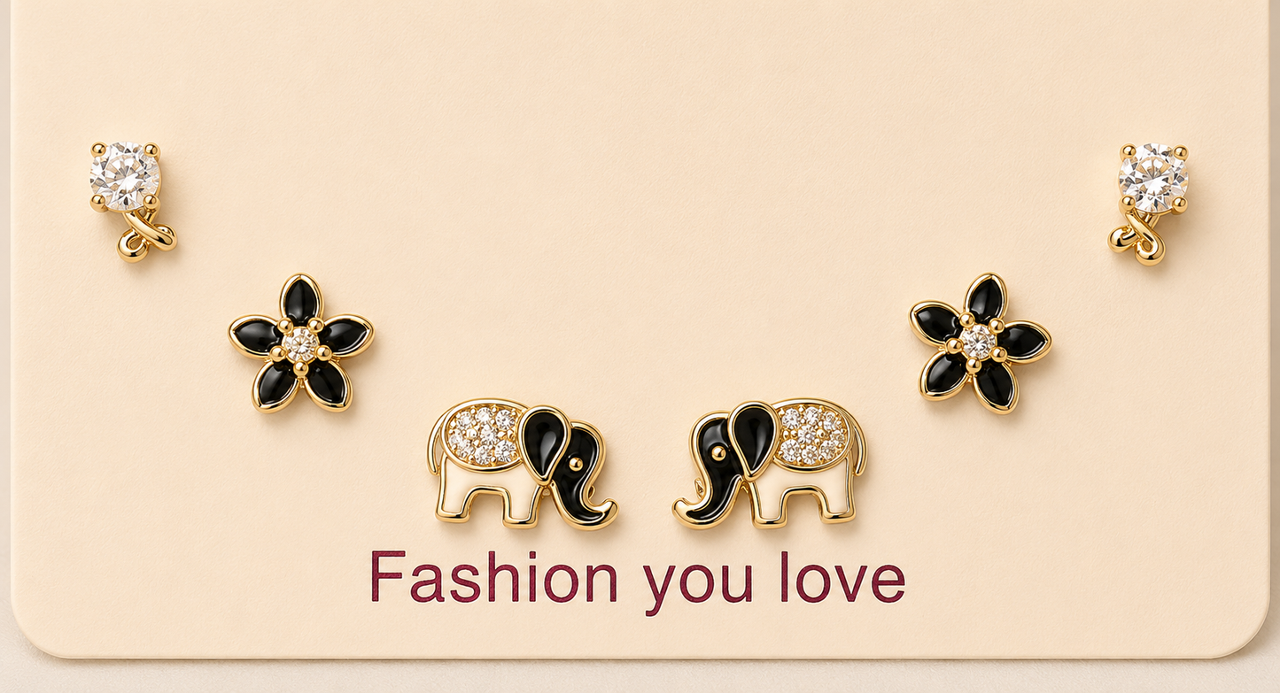 Black Floral & Elephant Stud Earring Set