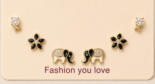 Black Floral & Elephant Stud Earring Set
