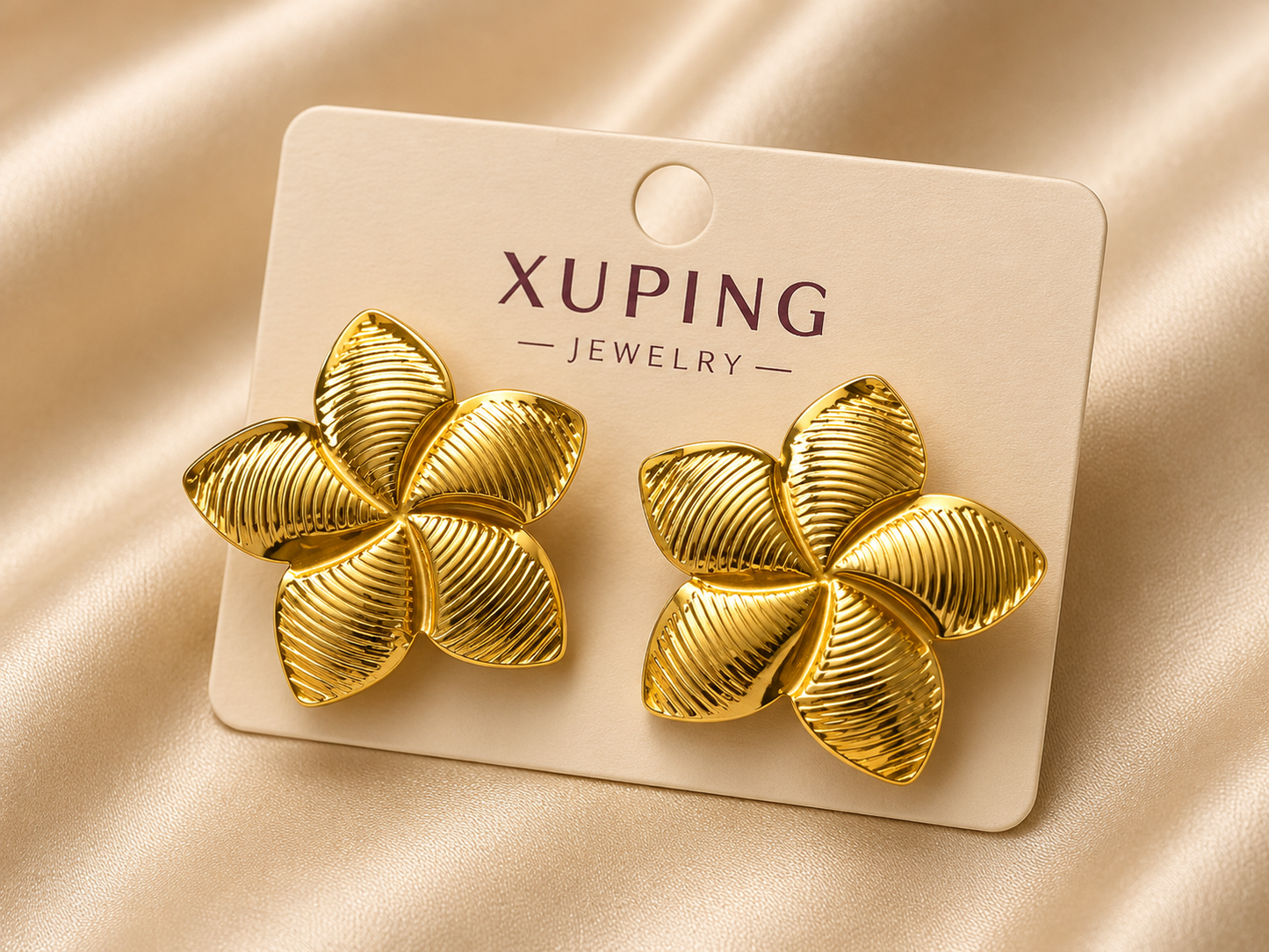 Golden Plumeria Floral Stud Earrings